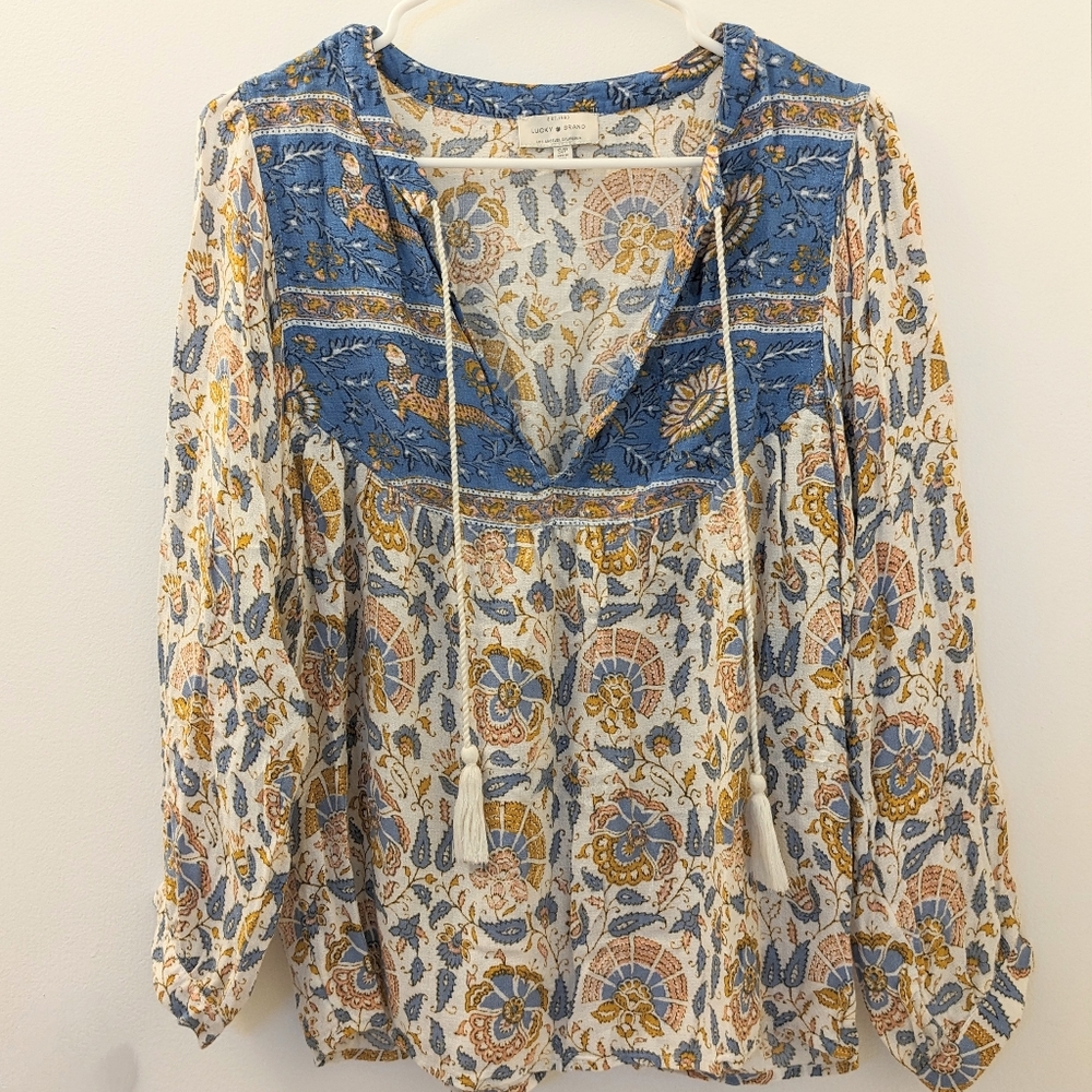 Small Lucky Brand Blue Yellow Floral Tassel Top Boho